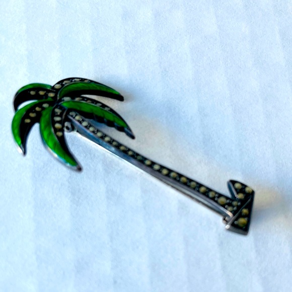 Vintage Sterling Silver Palm Tree Brooch Pin Green Enamel Leaves - Picture 4 of 7